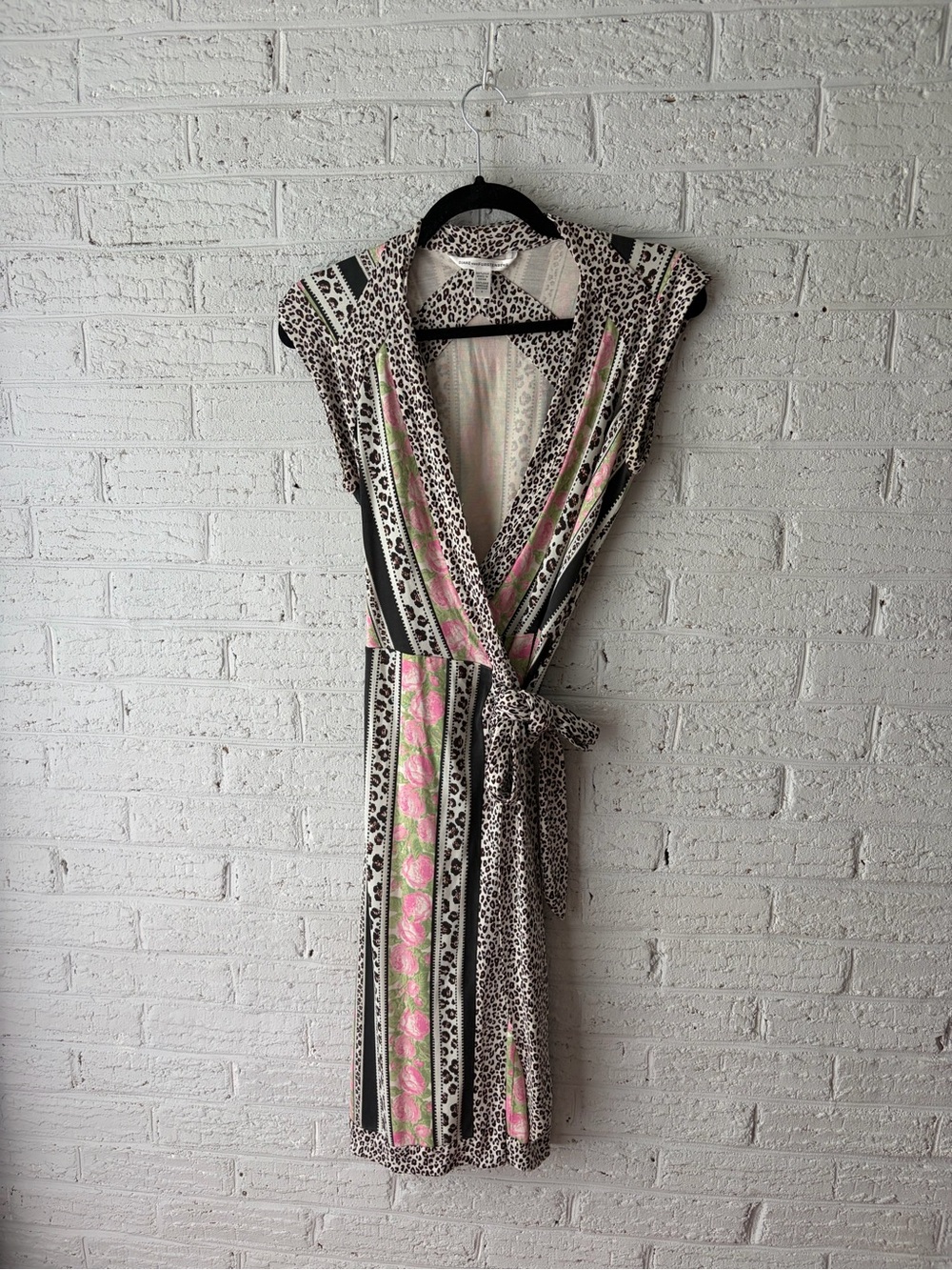 Diane Von Furstenberg Pink, Black & Cream Leopard-Stripe Wrap Dress
